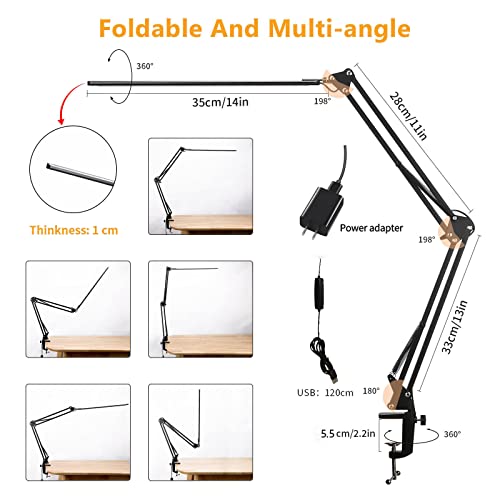 LED Desk Lamp,Eye-Caring Swing Arm Desk Lamp with Clamp,Architect Desk Light,12W Dimmable Table Lamp for Home Office with USB,3 Lighting Modes with 30 Brightness,2022 Newly Upgraded Ultra-Thin Model