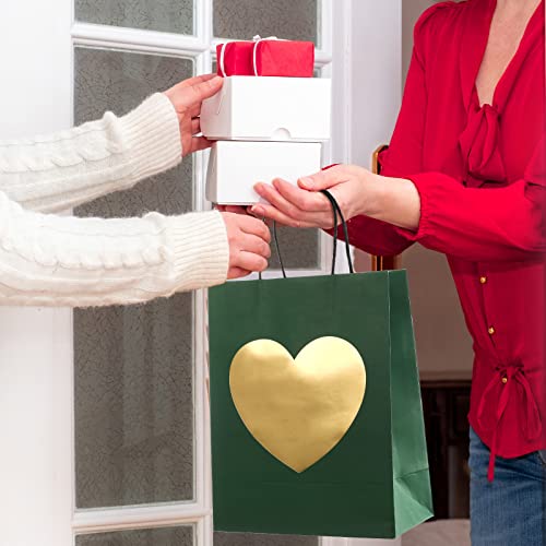 24 Pcs Gift Bags with Glitter Gold Heart Print Paper Shopping Bag 8 x 10 x 4 Inch Paper Bags with Handles Bulk for Valentine's Day Birthday Wedding Anniversary Holiday Party (Black, Red and Green)