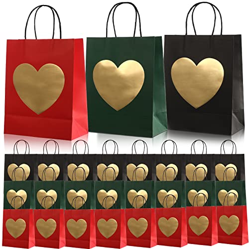 24 Pcs Gift Bags with Glitter Gold Heart Print Paper Shopping Bag 8 x 10 x 4 Inch Paper Bags with Handles Bulk for Valentine's Day Birthday Wedding Anniversary Holiday Party (Black, Red and Green)