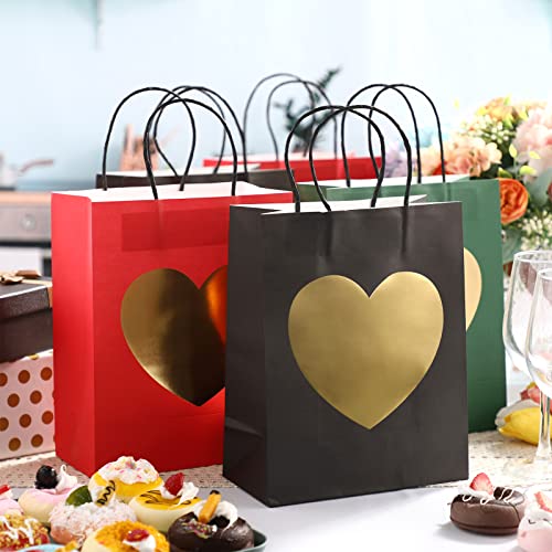 24 Pcs Gift Bags with Glitter Gold Heart Print Paper Shopping Bag 8 x 10 x 4 Inch Paper Bags with Handles Bulk for Valentine's Day Birthday Wedding Anniversary Holiday Party (Black, Red and Green)