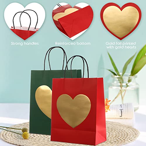 24 Pcs Gift Bags with Glitter Gold Heart Print Paper Shopping Bag 8 x 10 x 4 Inch Paper Bags with Handles Bulk for Valentine's Day Birthday Wedding Anniversary Holiday Party (Black, Red and Green)