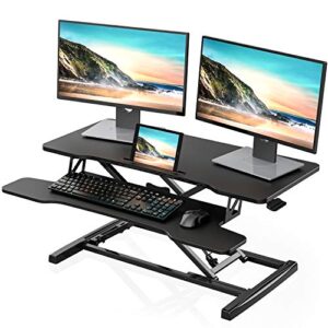 fitueyes height adjustable standing desk 36” wide sit to stand converter stand up desk tabletop workstation for laptops dual monitor riser black sd309101wb