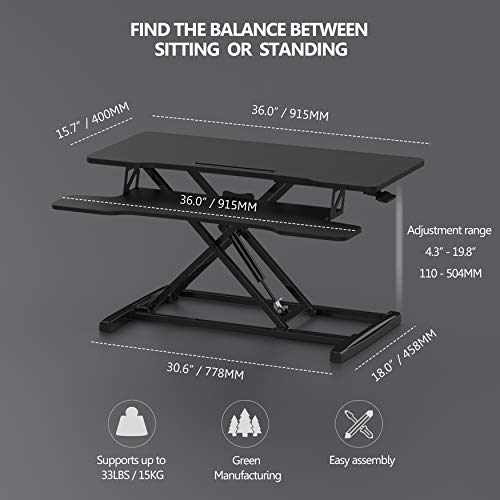 FITUEYES Height Adjustable Standing Desk 36” Wide Sit to Stand Converter Stand Up Desk Tabletop Workstation for Laptops Dual Monitor Riser Black SD309101WB