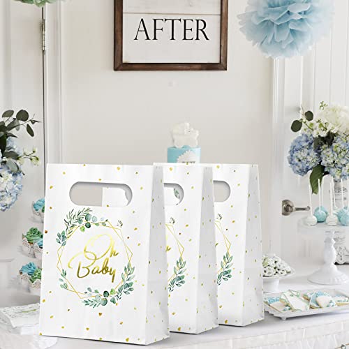 WEEPA 24 Pcs Greenery Eucalyptus Oh Baby Paper Gift Bags Neutral Baby Shower Treat Sack White Kraft Paper Bags, 5.5 * 2.5 * 8.5 inch