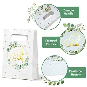 WEEPA 24 Pcs Greenery Eucalyptus Oh Baby Paper Gift Bags Neutral Baby Shower Treat Sack White Kraft Paper Bags, 5.5 * 2.5 * 8.5 inch