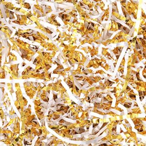 crinkle cut paper shred filler shredded paper for gift box crinkle paper metallic shredded crinkle cut paper easter grass tissue paper for wedding birthday wrapping boxes bags (gold white, 1 lb)