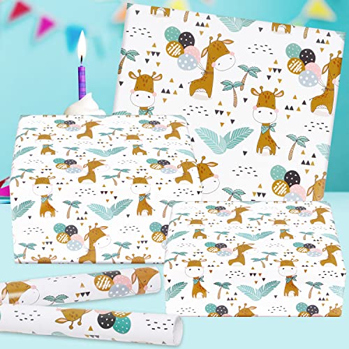 Birthday Wrapping Paper for Baby Boys Kids Girls, Giraffe Design Gift Wrapping Paper, Cute Animals 7 Sheets Folded Flat 20x28 inches per Sheet for Birthday Party Baby Shower Kindergarten