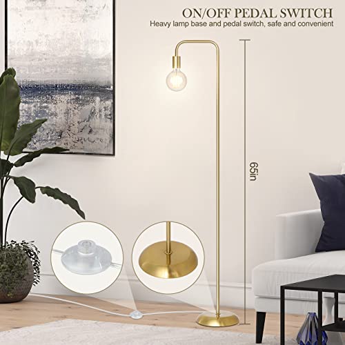 QiMH Industrial Floor Lamp with Light Bulb, Metal Standing Lamp,Tall Modern Brushed Gold Led Living Room Floor Lamp for Home Decor,Bedroom,Reading,Office(E26 Socket,Foot Switch)