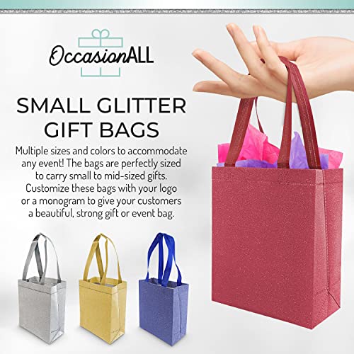 Small Gift Bags - 12 Pack Mini Red Metallic Glitter Gift Bags with Handles, Cute Reusable Eco Friendly Bling Tote for Valentine Goodie & Favor Bags, Birthday Party, Candy Favors, in Bulk - 6x3x8