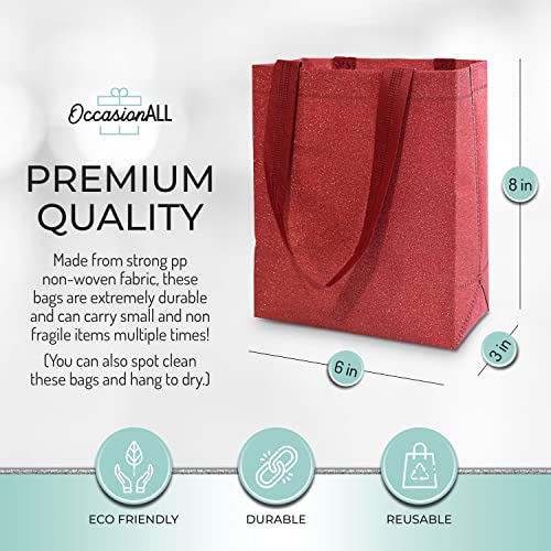 Small Gift Bags - 12 Pack Mini Red Metallic Glitter Gift Bags with Handles, Cute Reusable Eco Friendly Bling Tote for Valentine Goodie & Favor Bags, Birthday Party, Candy Favors, in Bulk - 6x3x8