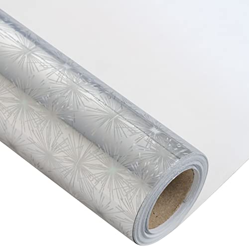LeZakaa Silver Holographic Wrapping Paper - Mini Roll - Firework Print for Birthday, Wedding Shower, Holiday - 17.32 inches x 32.8 Feet (47.23 sq.ft.)