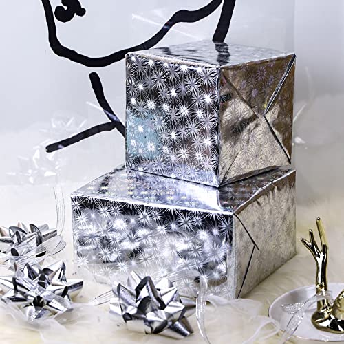 LeZakaa Silver Holographic Wrapping Paper - Mini Roll - Firework Print for Birthday, Wedding Shower, Holiday - 17.32 inches x 32.8 Feet (47.23 sq.ft.)