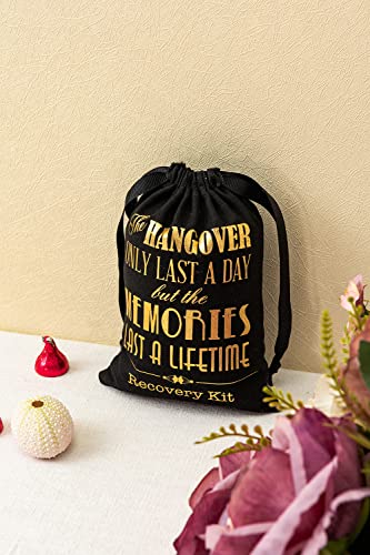 MEJOY 10 Pcs Bridal Shower Party Gift Bags, Black 5x7 Inch GOLD Foil "HANGOVERS", Bachelorette Hangover Kit Bags, Cotton Recovery Kit Bags Muslin Drawstring Bag for Bridal Shower Wedding Party Gift Decoration