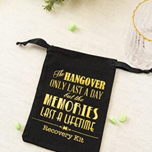 MEJOY 10 Pcs Bridal Shower Party Gift Bags, Black 5x7 Inch GOLD Foil "HANGOVERS", Bachelorette Hangover Kit Bags, Cotton Recovery Kit Bags Muslin Drawstring Bag for Bridal Shower Wedding Party Gift Decoration