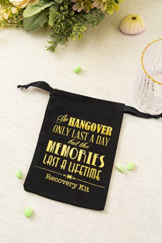 MEJOY 10 Pcs Bridal Shower Party Gift Bags, Black 5x7 Inch GOLD Foil "HANGOVERS", Bachelorette Hangover Kit Bags, Cotton Recovery Kit Bags Muslin Drawstring Bag for Bridal Shower Wedding Party Gift Decoration