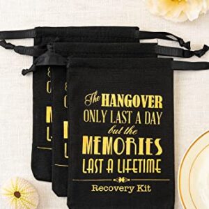 MEJOY 10 Pcs Bridal Shower Party Gift Bags, Black 5x7 Inch GOLD Foil "HANGOVERS", Bachelorette Hangover Kit Bags, Cotton Recovery Kit Bags Muslin Drawstring Bag for Bridal Shower Wedding Party Gift Decoration