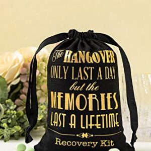 MEJOY 10 Pcs Bridal Shower Party Gift Bags, Black 5x7 Inch GOLD Foil "HANGOVERS", Bachelorette Hangover Kit Bags, Cotton Recovery Kit Bags Muslin Drawstring Bag for Bridal Shower Wedding Party Gift Decoration