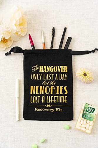 MEJOY 10 Pcs Bridal Shower Party Gift Bags, Black 5x7 Inch GOLD Foil "HANGOVERS", Bachelorette Hangover Kit Bags, Cotton Recovery Kit Bags Muslin Drawstring Bag for Bridal Shower Wedding Party Gift Decoration