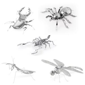 set of 5 metal earth 3d laser cut models – bugs: scorpion, stag beetle, tarantula, praying mantis, & dragonfly