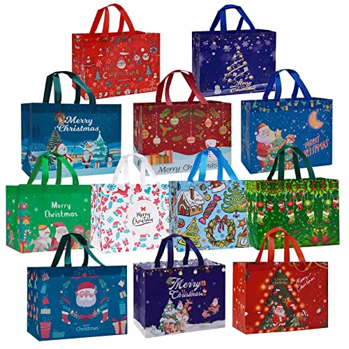 Heetobcos 12 Pack Christmas Gift Bags Large Reusable Christmas Tote Bags, Non-Woven Christmas Bags for New Year's Shopping, Christmas Surprise, Xmas Party Supplies,12.8"×9.8"×6.7"