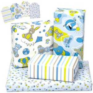 maypluss wrapping paper large sheets with gift tags – folded flat – 4 different babyshower design for boy – (30.1 sq.ft.ttl.) – 27.5 inch x 39.4 inch per shee