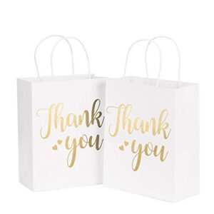 laribbons medium size gift bags – gold foil thank you white paper bags with handles for wedding, birthday, baby shower, party favors – 12 pack – 8″ x 4″ x 10″