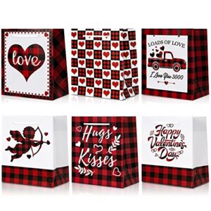 whaline 12pcs valentine’s day paper gift bags with handle red black buffalo plaids candy goodie bag love heart truck cupid pattern treat bags party favor bag for wedding engagement wrapping supplies