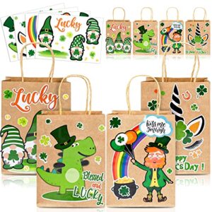 whaline st patrick’s day kraft paper gift bags party bag with handles 24 sheet diy stickers shamrock green unicorn gnome goody bags irish birthday party supplies gift wrap, 6 x 3 x 8.3inch