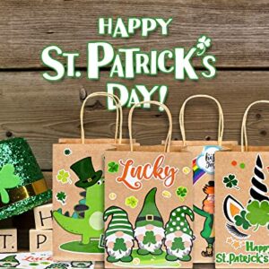 Whaline St Patrick's Day Kraft Paper Gift Bags Party Bag with Handles 24 Sheet DIY Stickers Shamrock Green Unicorn Gnome Goody Bags Irish Birthday Party Supplies Gift Wrap, 6 x 3 x 8.3inch