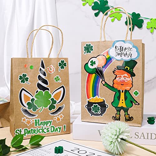 Whaline St Patrick's Day Kraft Paper Gift Bags Party Bag with Handles 24 Sheet DIY Stickers Shamrock Green Unicorn Gnome Goody Bags Irish Birthday Party Supplies Gift Wrap, 6 x 3 x 8.3inch
