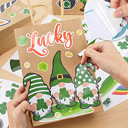 Whaline St Patrick's Day Kraft Paper Gift Bags Party Bag with Handles 24 Sheet DIY Stickers Shamrock Green Unicorn Gnome Goody Bags Irish Birthday Party Supplies Gift Wrap, 6 x 3 x 8.3inch