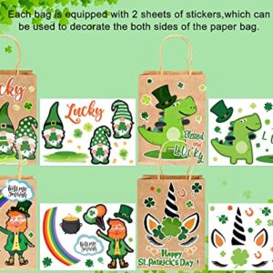 Whaline St Patrick's Day Kraft Paper Gift Bags Party Bag with Handles 24 Sheet DIY Stickers Shamrock Green Unicorn Gnome Goody Bags Irish Birthday Party Supplies Gift Wrap, 6 x 3 x 8.3inch