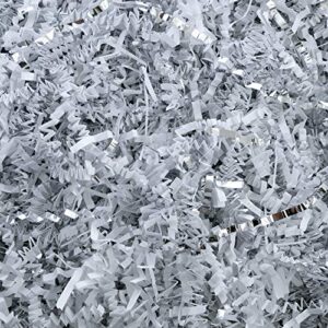 magicwater supply crinkle cut paper shred filler (1/2 lb) for gift wrapping & basket filling – white & silver