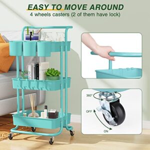 3-Tier Rolling Mobile Utility Cart with Hanging Cups & Hooks & Handle Multifunctional Organizer Storage Trolley Service Cart with Wheels Easy Assembly for Office, Bathroom, Kitchen (Blue)