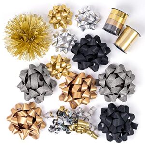 wrapaholic 14 pcs gift bows assortment – 10 multi colored assorted size gift bows(black, gold, silver, old gold), 2 crimped curling ribbons, 1 curly bow, 1 tinsel bow for christmas and new year