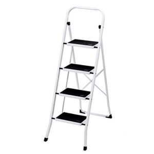 4 step ladder step stool, sturdy step stools for adults with wide anti-slip pedal, portable folding step stool with handle, lightweight steel step ladder, 330lbs capacity kitchen step stool, white