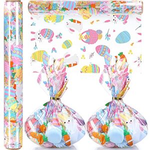 Easter Cellophane Wrapping Paper 100 ft x 16 Inch 2.5 Mil Thick Cello Wrap Roll Crystal Clear Easter Themed Paper Wrapper Colored Bunny Egg Cellophane Gift Wrap for Small Baskets Treats Craft Flowers