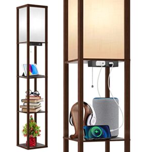 outon floor lamp with shelves, led modern shelf floor lamp with usb port & power outlet, 3 color temperature, storage display wood column standing tall lamp for living room, bedroom, office, walnut
