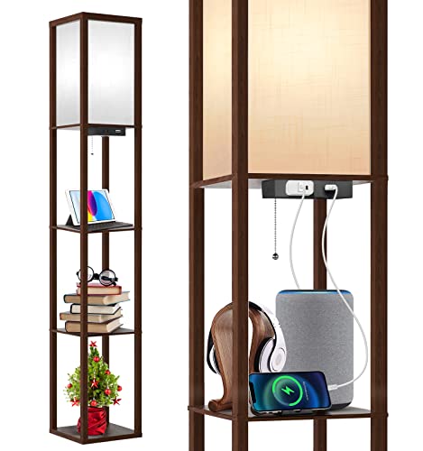 OUTON Floor Lamp with Shelves, LED Modern Shelf Floor Lamp with USB Port & Power Outlet, 3 Color Temperature, Storage Display Wood Column Standing Tall Lamp for Living Room, Bedroom, Office, Walnut