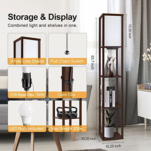 OUTON Floor Lamp with Shelves, LED Modern Shelf Floor Lamp with USB Port & Power Outlet, 3 Color Temperature, Storage Display Wood Column Standing Tall Lamp for Living Room, Bedroom, Office, Walnut