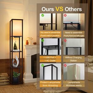 OUTON Floor Lamp with Shelves, LED Modern Shelf Floor Lamp with USB Port & Power Outlet, 3 Color Temperature, Storage Display Wood Column Standing Tall Lamp for Living Room, Bedroom, Office, Walnut