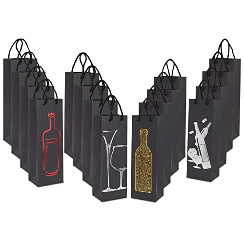 Juvale 12 Pack Black Wine Bottle Gift Bags with Handles, 4 Elegant Foiled Designs for New Years Eve, Anniversary, Housewarming