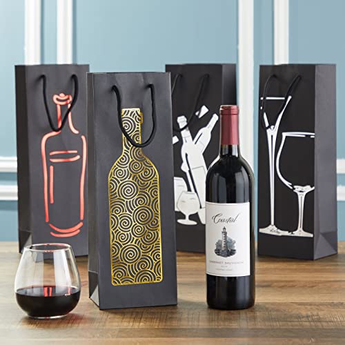 Juvale 12 Pack Black Wine Bottle Gift Bags with Handles, 4 Elegant Foiled Designs for New Years Eve, Anniversary, Housewarming