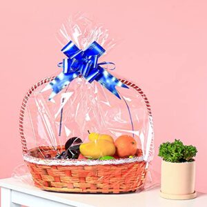 50 Packs Large Cellophane Bags 24 x 30 Clear Cellophane Gift Basket Wraps Extra-large 2.3 Mil Thick Clear Cello Bags for Fruit Basket, Gift Wrap, Treats, Arts and Crafts, 50ct Ribbon Bows Blue