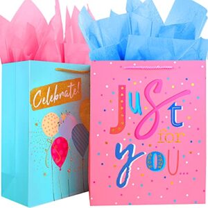 gift bag large gift bags set,12.5″birthday gift bag for girls women,2 pack paper gift bags with tissue paper,variety green pink gift bag present bags big gift bag birthday bags with handle,gift wrap bags for birthday patry,anniversary,wedding,valentine’s