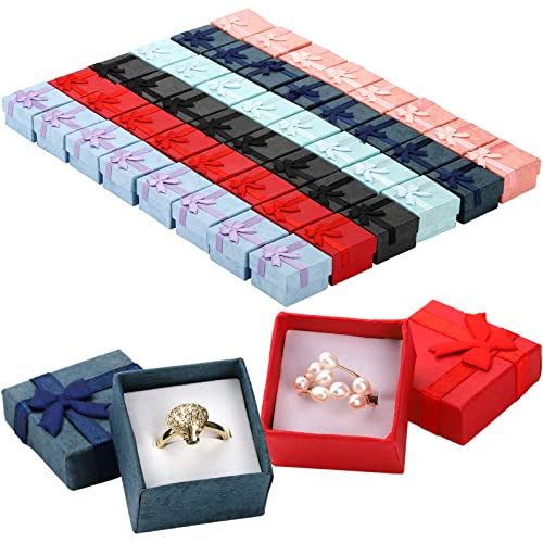 Fasmov 48 Count Ring Gift Box Set with Bow, Cardboard Jewelry Boxes for Anniversaries, Weddings, Birthdays, (6 Colors, 1.6 x 1.2 in)