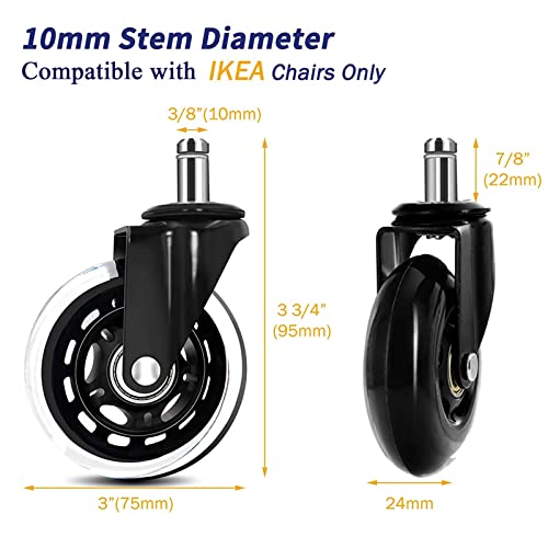 Office Chair Wheels Compatible with IKEA Chairs,10mm Stem (Set of 5), 3" Heavy Duty Replacement Swivel Rubber Casters Quiet & Smooth Rolling Compatible with IKEA Chair Casters, Protection for Floors.