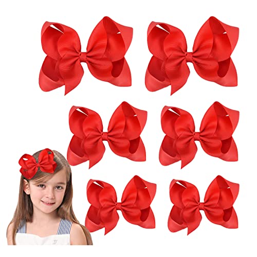 Red Hair Bows For Girls and Toddler - 6 pcs Red Bow 6 inch ×2, 4 inch ×2, 3 inch ×2