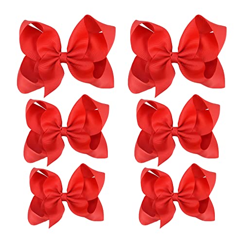 Red Hair Bows For Girls and Toddler - 6 pcs Red Bow 6 inch ×2, 4 inch ×2, 3 inch ×2