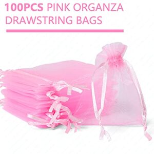 LotFancy 100Pcs Sheer Pink Organza Bags, 2.8x3.6” Small Mesh Jewelry Bags, Drawstring Gift Bags for Party Wedding Favor